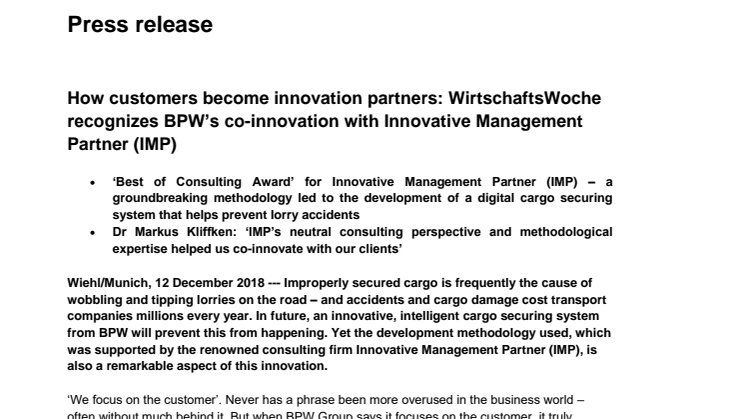 How customers become innovation partners: WirtschaftsWoche recognizes BPW’s co-innovation with Innovative Management Partner (IMP)