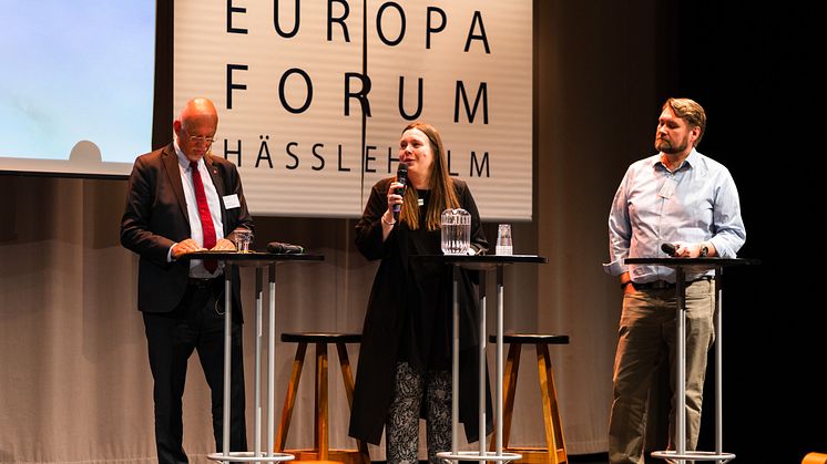 Samtal under Europaforum 2019 med Hans Dahlgren (Sveriges EU-minister), Torbjörn Sjöström (VD Novus) och Maria Strömvik (Biträdande föreståndare Centrum för Europaforskning, Lunds Universitet). Foto: fotografdaniel.se
