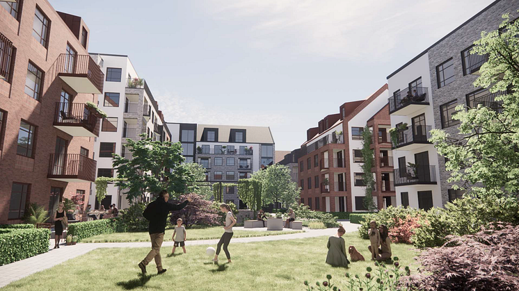 På platsen där det gamla kommunhuset står idag planerar Riksbyggen hållbara bostäder. Visionsbild Riksbyggen. 