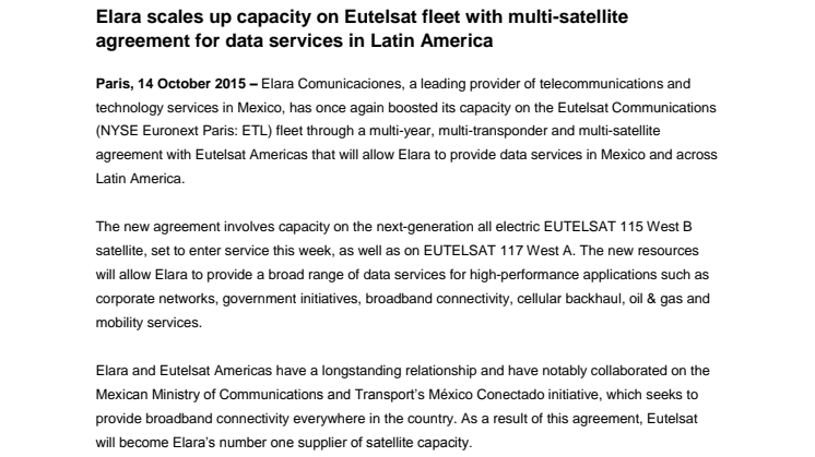 Elara scales up capacity on Eutelsat fleet with multi-satellite agreement for data services in Latin America