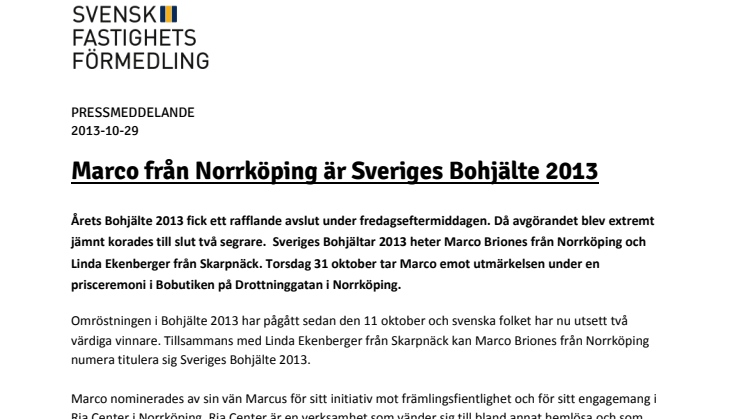 Marco från Norrköping är Sveriges Bohjälte 2013