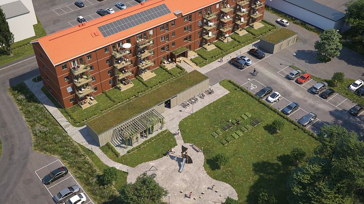 Översiktsillustration av det nya kvarteret BoKlok Arboristen i Falun. 