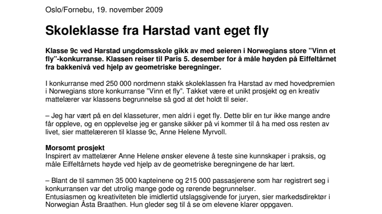 Skoleklasse fra Harstad vant eget fly (m/høyoppløselig bilde)