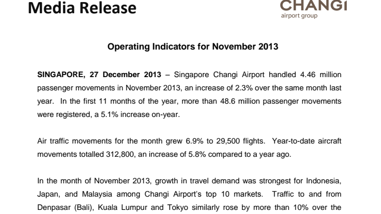 Operating Indicators for November 2013