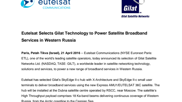 Eutelsat Selects Gilat Technology to Power Satellite Broadband Services in Western Russia