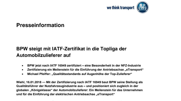 BPW steigt mit IATF-Zertifikat in die Topliga der Automobilzulieferer auf