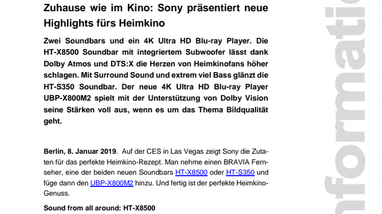 Zuhause wie im Kino: Sony präsentiert neue Highlights fürs Heimkino