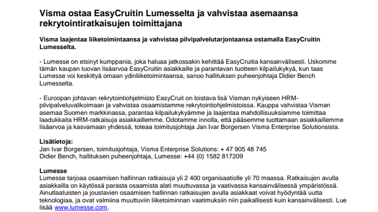 Visma ostaa EasyCruitin Lumesselta ja vahvistaa asemaansa rekrytointiratkaisujen toimittajana