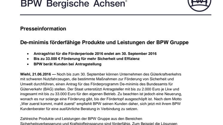 De-minimis förderfähige Produkte und Leistungen der BPW Gruppe