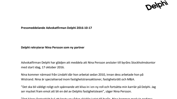 Delphi rekryterar Nina Persson som ny partner 
