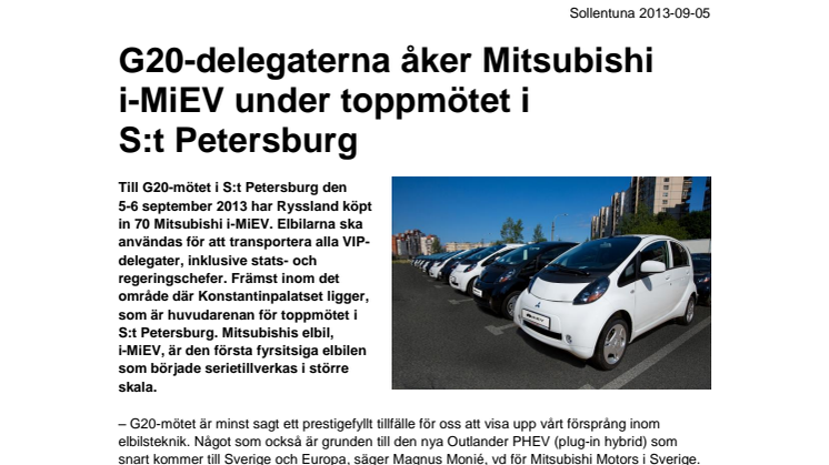 G20-delegaterna åker Mitsubishi i-MiEV under toppmötet i S:t Petersburg
