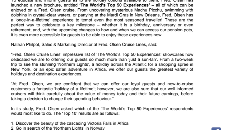 Now is the time to explore and discover ‘The World’s Top 50 Experiences’ with Fred. Olsen Cruise Lines 