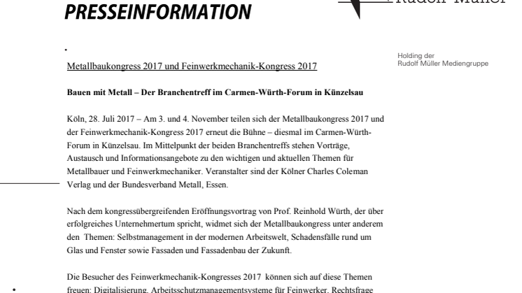 Metallbaukongress 2017 und Feinwerkmechanik-Kongress 2017 zu Gast im Carmen-Würth-Forum in Künzelsau