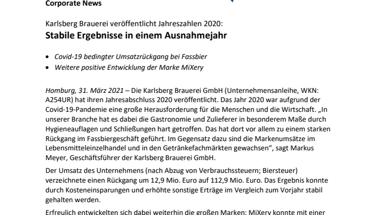 Presseinfo Jahresabschluss 2020 der Karlsberg Brauerei GmbH