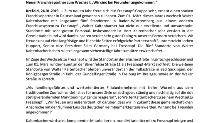 Neues Jahr, neuer Franchisepartner: Walter Kaltenbacher verstärkt die Fressnapf-Gruppe mit fünf Standorten in Baden-Württemberg