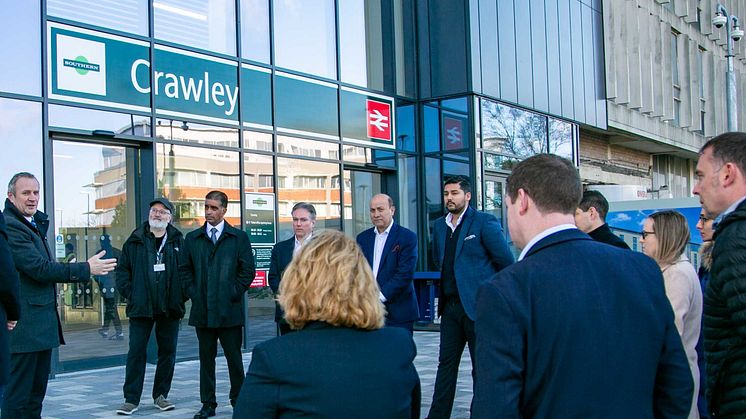 GTR's Infrastructure Director Keith Jipps welcomes guests to Crawley's newly refurbished station