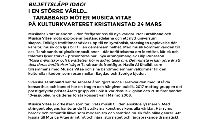 Biljettsläpp idag! I en större värld... – Tarabband möter Musica Vitae på Kulturkvarteret Kristianstad 24 mars