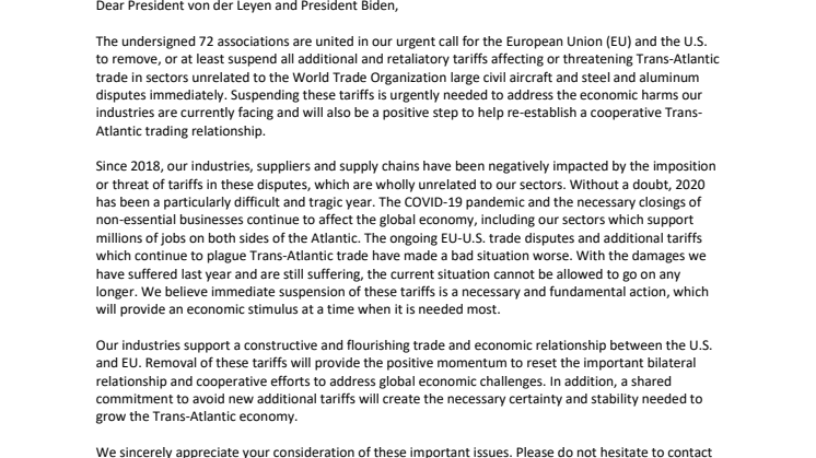 Joint letter to Biden and von der Leyen on tariffs