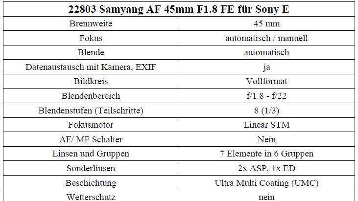 Samyang AF 45 1.8 FE 07 Technische Daten