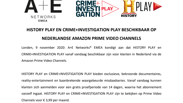 PERSBERICHT | HISTORY PLAY EN CRIME+INVESTIGATION PLAY BESCHIKBAAR OP NEDERLANDSE AMAZON PRIME VIDEO CHANNELS