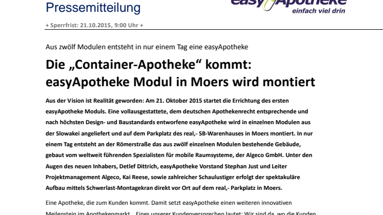 Die „Container-Apotheke“ kommt: easyApotheke Modul in Moers wird montiert 
