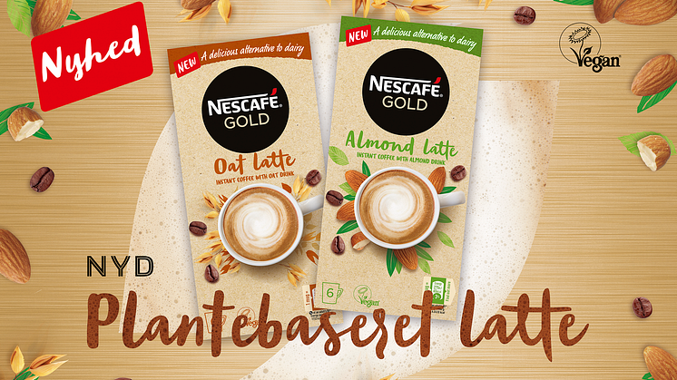 Nu kommer en verdensnyhed til Danmark: NESCAFÉ GOLD med plantebaseret mælk. Det er den første instant kaffe, som har det.  