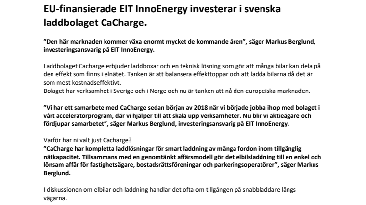 EIT InnoEnergy ny ägare i CaCharge