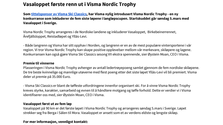 Vasaloppet første renn ut i Visma Nordic Trophy