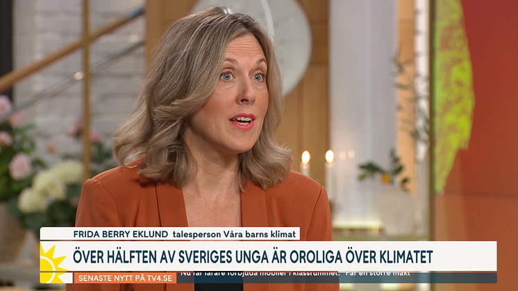 Våra barns klimats talesperson, Frida Berry Eklund, medverkar i TV4 Nyhetsmorgon