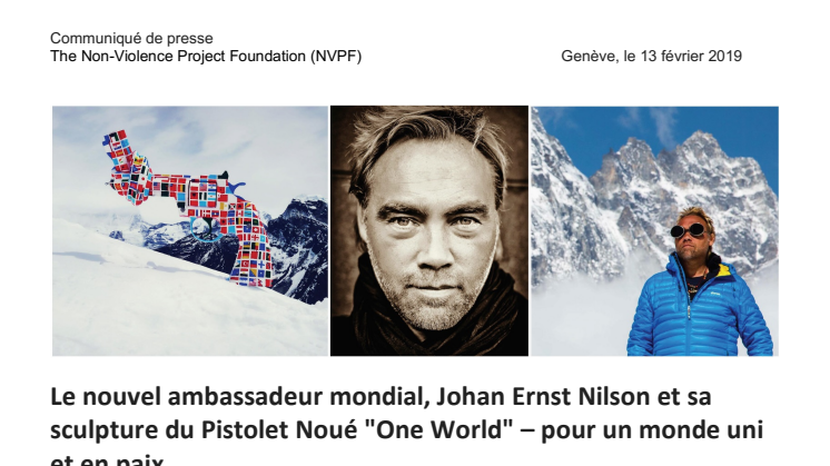 Le nouvel ambassadeur mondial, Johan Ernst Nilson et sa sculpture du Pistolet Noué "One World" – pour un monde uni et en paix.