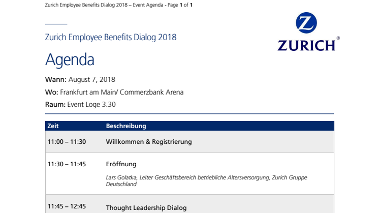 Agenda - Zurich Employee Benefits Dialog 2018