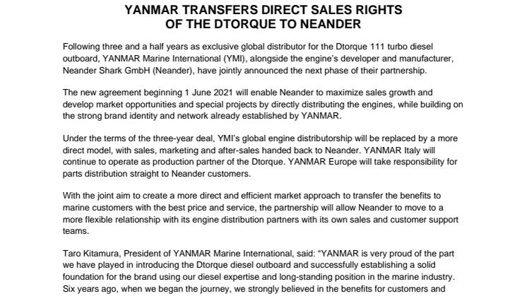 YANMAR Transfers Direct Sales Rights of the Dtorque to Neander