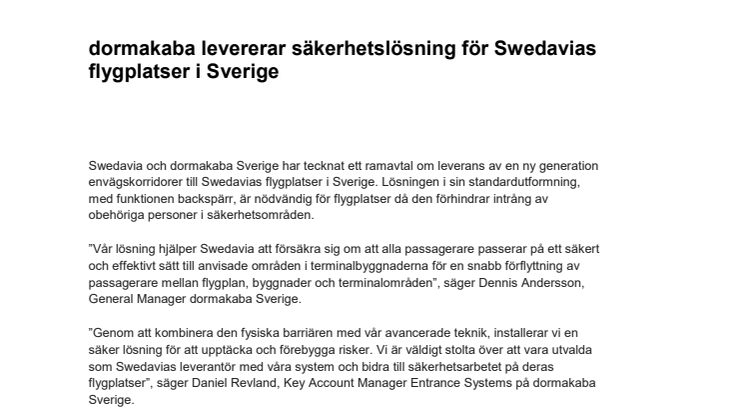 dormakaba levererar säkerhetslösning för Swedavias flygplatser i Sverige