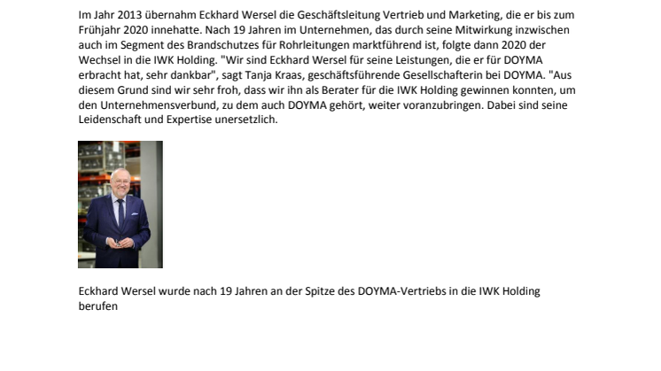 DOYMA-Pressemitteilung: Eckhard Wersel wechselt in die IWK Holding 