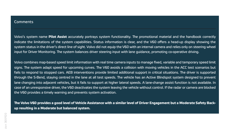 Volvo V60 Euro NCAP Assisted Driving Grading datasheet