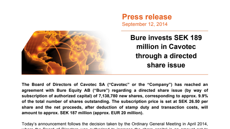 Bure invests SEK 189 million in Cavotec through a directed share issue
