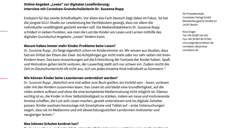 Online-Angebot „Leseo“ zur digitalen Leseförderung: Interview mit Cornelsen-Grundschulleiterin Dr. Susanne Rupp