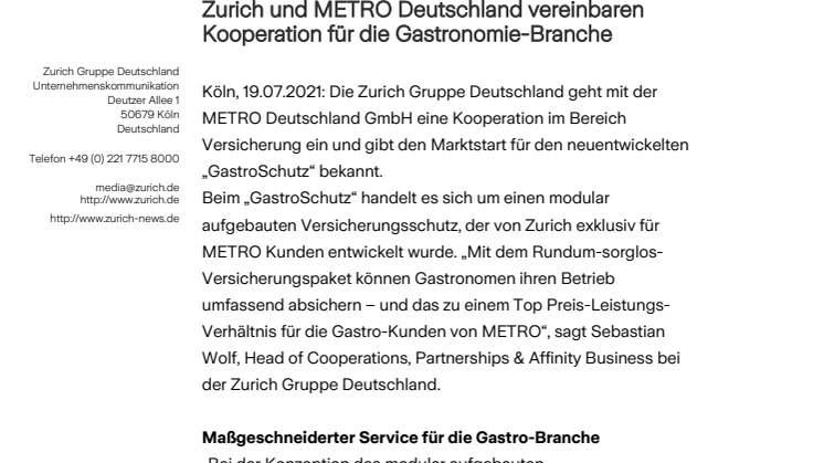 Zurich und METRO Deutschland vereinbaren Kooperation für die Gastronomie-Branche