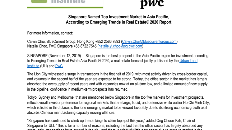 Singapore Named Top Investment Market in Asia Pacific,  According to Emerging Trends in Real Estate® 2020 Report