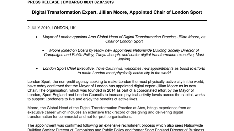 Digital Transformation Expert, Jillian Moore, Appointed Chair of London Sport