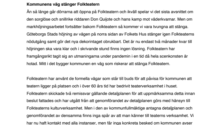 Brev till kommunstyrelsen i Göteborgs Stad