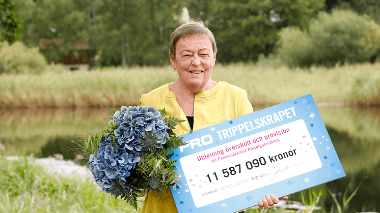 PRO:s ordförande Christina Tallberg med årets stora check. Foto: Malin Bondeson