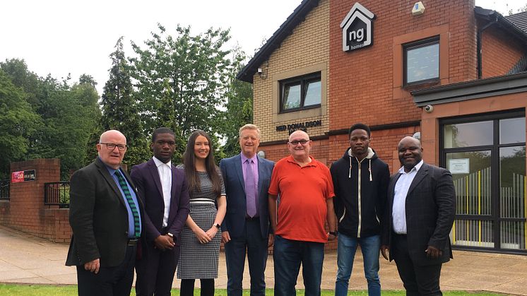ng homes CEO Robert Tamburrini, Gervais Hameni, HR Officer Olivia Friary, Depute Director (Corporate Services) Tony Sweeney, Chair John Thorburn, Yvan Mbadjou and African Challenge Scotland Founder Ronier Deumeni