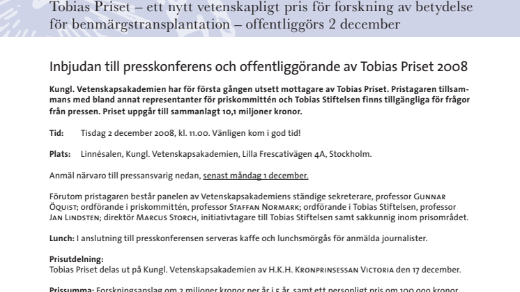 Tobias Priset - ett nytt vetenskapligt pris för forskning av betydelse för benmärgstransplantation - offentliggörs 2 december