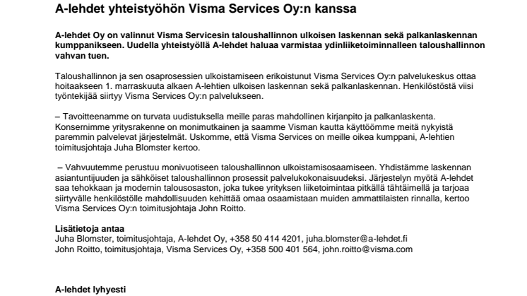 A-lehdet yhteistyöhön Visma Services Oy:n kanssa 
