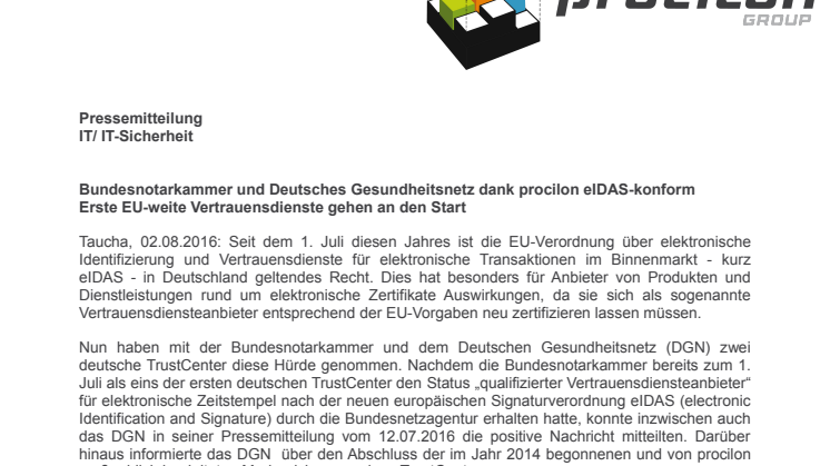 Bundesnotarkammer und Deutsches Gesundheitsnetz dank procilon eIDAS-konform 