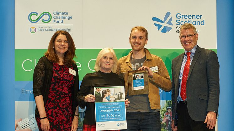 (Left to Right) Keynote Speaker Heather Reid OBE, ng homes Head of Regeneration Margaret Fraser, Founder of Dekko Comics Rossie Stone and Keep Scotland Beautiful Charity Trustee Tom Brock OBE with the ng homes award.