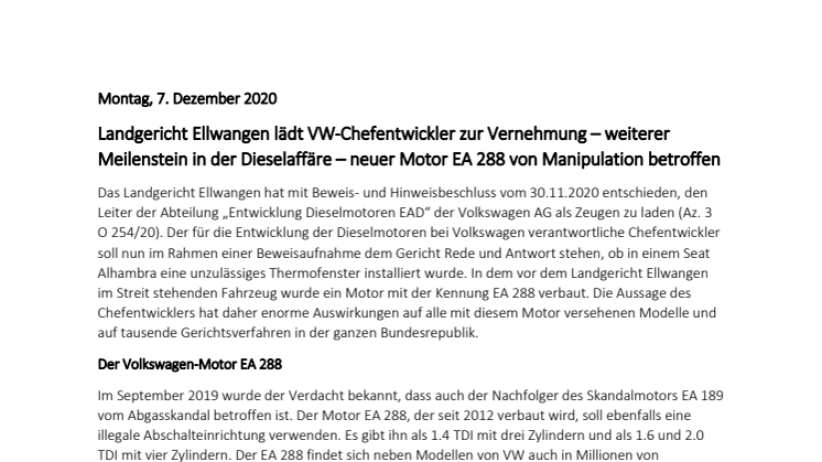 Landgericht Ellwangen lädt VW-Chefentwickler zur Vernehmung – weiterer Meilenstein in der Dieselaffäre – neuer Motor EA 288 von Manipulation betroffen