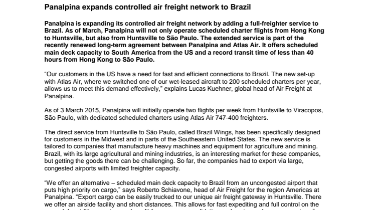 Panalpina expands controlled air freight network to Brazil