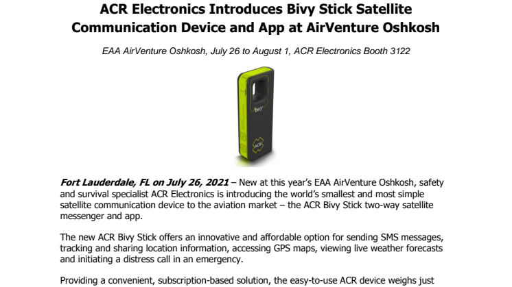ACR Electronics Introduces Bivy Stick Satellite Communication Device and App at AirVenture Oshkosh